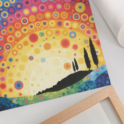 Impression sur toile Des cercles arc-en-ciel dynamiques se détachent sur le fond d'un coucher de soleil.