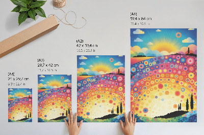 Impression sur toile Des cercles arc-en-ciel dynamiques se détachent sur le fond d'un coucher de soleil.