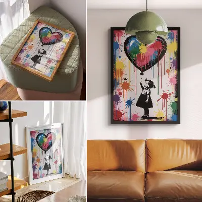 Impression sur toile représentant une silhouette en noir et blanc avec un cœur graffiti coloré