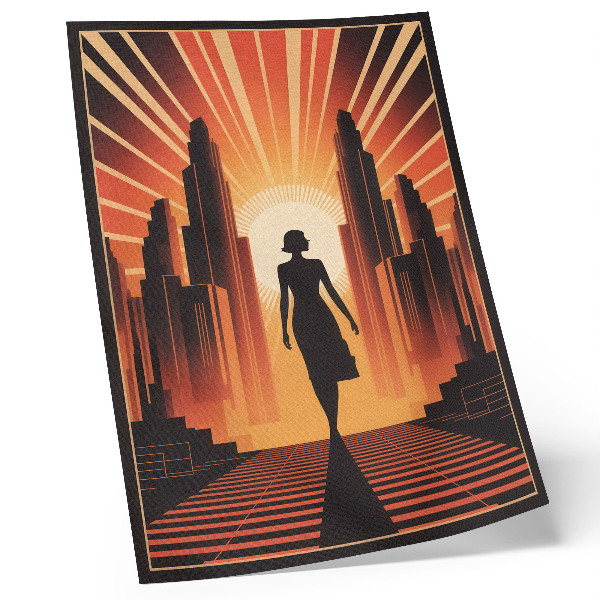 Affiche décorative silhouette de ville, femme à la lumière orange