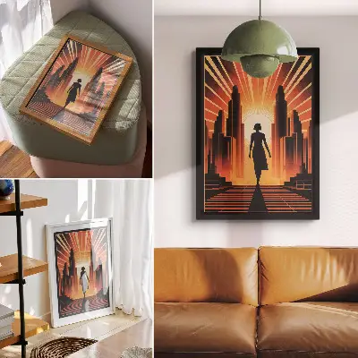 Affiche décorative silhouette de ville femme à la lumière orange