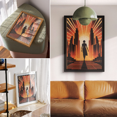 Affiche décorative silhouette de ville, femme à la lumière orange