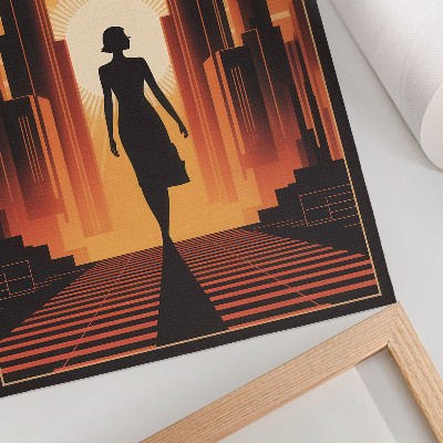 Affiche décorative silhouette de ville, femme à la lumière orange