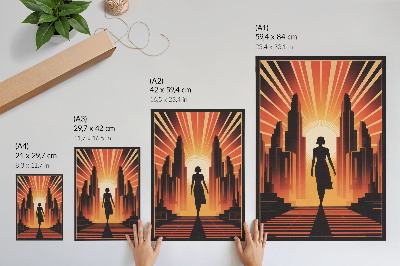 Affiche décorative silhouette de ville, femme à la lumière orange