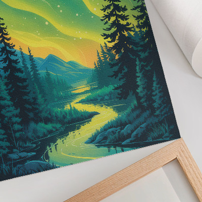 Impression sur toile Aurore boréale sur fond de forêt et de rivière, couleurs harmonieuses