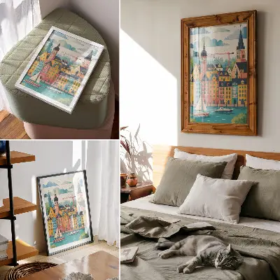 Décoration murale représentant des bâtiments colorés au bord d'une eau calme sous un climat doux