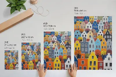 Impression sur toile représentant des immeubles colorés aux formes variées en harmonie