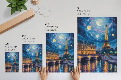 Impression sur toile représentant Paris la nuit sous la pleine lune avec la tour Eiffel