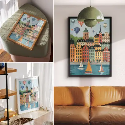 Décoration murale représentant des immeubles de rapport, des ballons et des voiliers dans une ambiance colorée