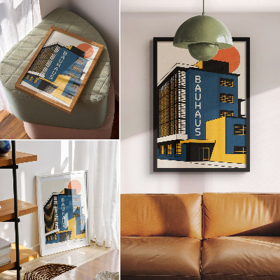 Affiche décorative Bâtiment Bauhaus bleu marine avec des touches de jaune et une touche de modernité