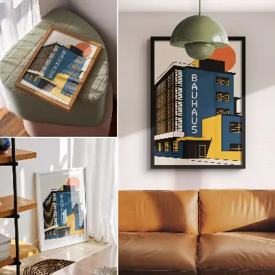 Affiche décorative bâtiment Bauhaus bleu marine avec touches de jaune et style moderne