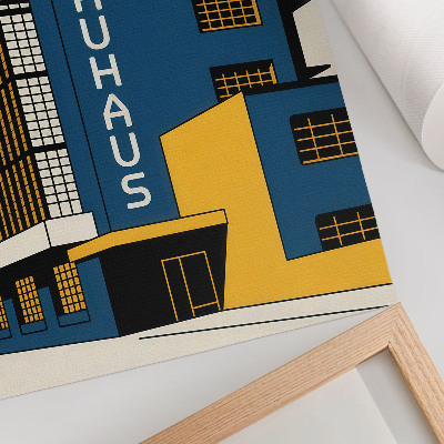 Affiche décorative Bâtiment Bauhaus bleu marine avec des touches de jaune et une touche de modernité
