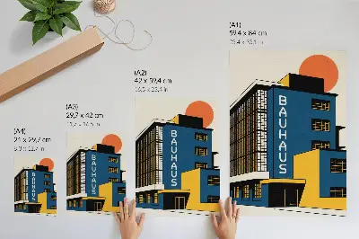 Affiche décorative bâtiment Bauhaus bleu marine avec touches de jaune et style moderne