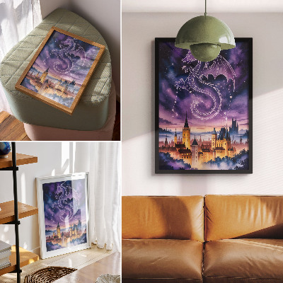 Affiche décorative monde fantastique château de dragon ciel étoiles espace