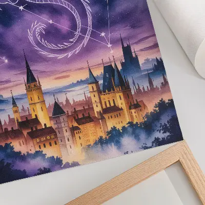 Affiche décorative monde fantastique avec château de dragon, ciel étoilé et espace