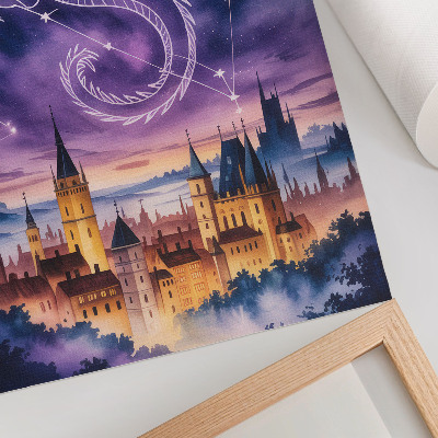 Affiche décorative monde fantastique château de dragon ciel étoiles espace