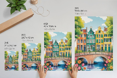 Affiche décorative Immeubles colorés au bord du canal, style illustratif