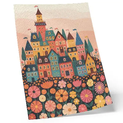 Affiche décorative représentant des maisons colorées et des fleurs à l'atmosphère idyllique
