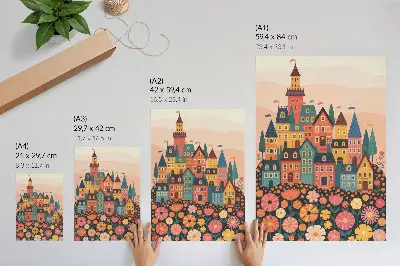 Affiche décorative représentant des maisons colorées et des fleurs à l'atmosphère idyllique