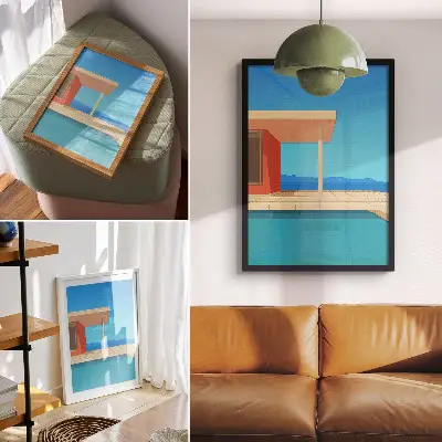 Décoration murale bâtiment orange vif sur fond bleu