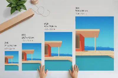 Décoration murale bâtiment orange vif sur fond bleu