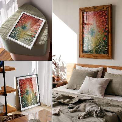 Impression sur toile Fleurs rouges, touches de vert, fond en relief