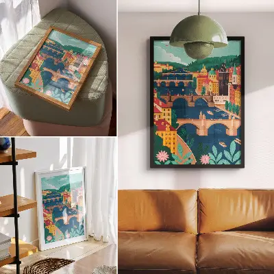 Impression sur toile représentant une ville colorée avec des ponts, la nature et le ciel