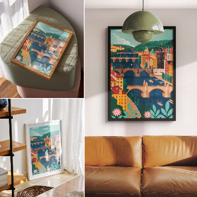 Impression sur toile Une ville colorée avec des ponts, la nature et le ciel