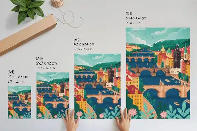 Impression sur toile représentant une ville colorée avec des ponts, la nature et le ciel
