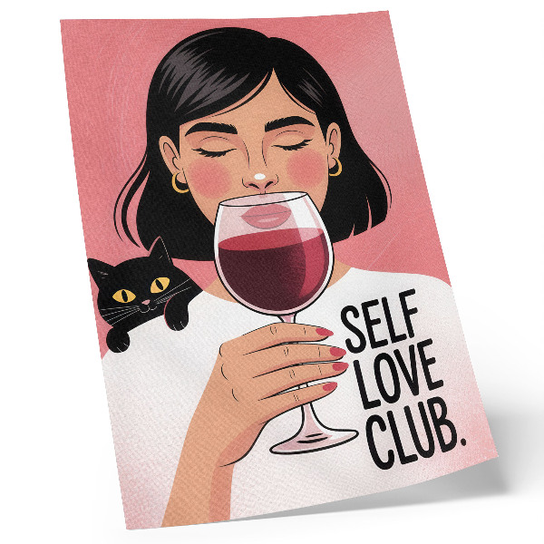Affiche décorative Femme avec du vin et un chat, style illustration