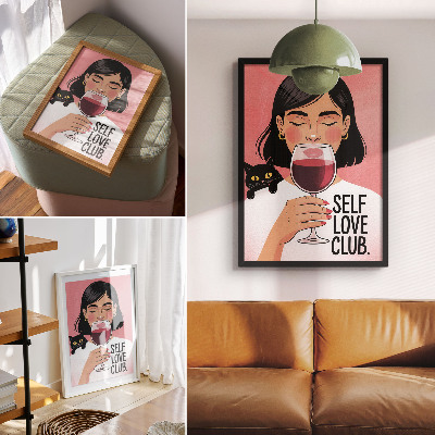 Affiche décorative Femme avec du vin et un chat, style illustration