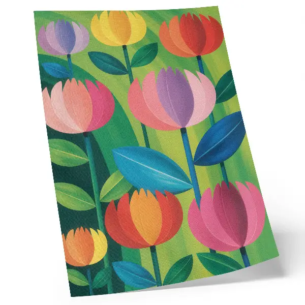 Décoration murale fleurs géométriques colorées et feuilles sur fond vert