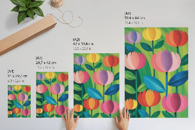 Décoration murale Fleurs géométriques colorées, feuilles, fond vert