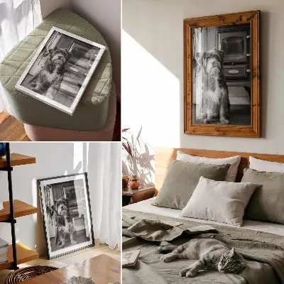 Impression sur toile représentant un chien noir et blanc calme près d'un vieux poêle