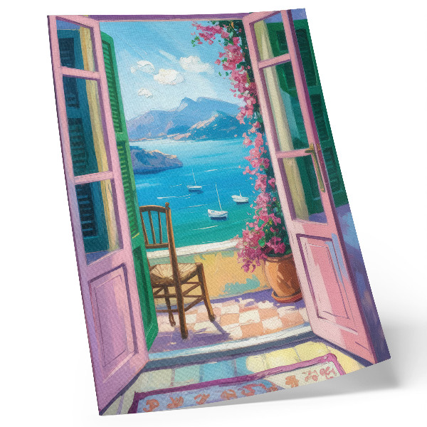 Affiche décorative porte ouverte fleurs éclatantes mer bleu voiliers