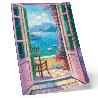 Affiche décorative porte ouverte fleurs éclatantes mer bleu voiliers