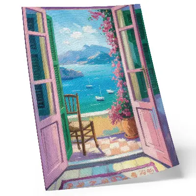 Affiche décorative porte ouverte sur des fleurs éclatantes, une mer bleue et des voiliers