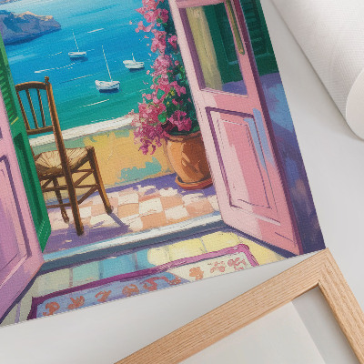 Affiche décorative porte ouverte fleurs éclatantes mer bleu voiliers