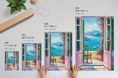 Affiche décorative porte ouverte fleurs éclatantes mer bleu voiliers