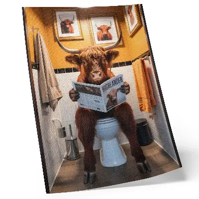 Impression sur toile représentant un buffle devant des murs orange dans des toilettes