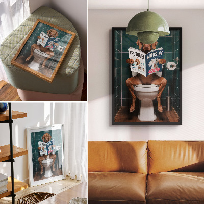 Affiche décorative Chien sur les toilettes avec magazine de carrelage vert