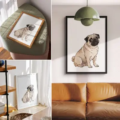 Décoration murale portrait de chien au style illustratif avec des couleurs délicates