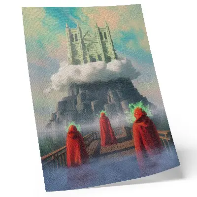 Affiche décorative château dans les nuages avec des personnages en manteaux de style surréaliste