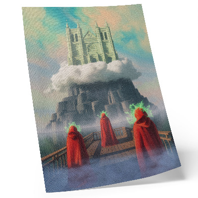 Affiche décorative Château dans les nuages, personnages en manteaux, surréalisme