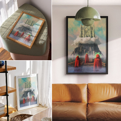 Affiche décorative Château dans les nuages, personnages en manteaux, surréalisme