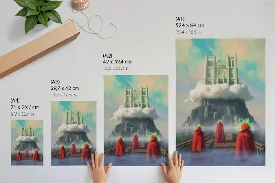 Affiche décorative château dans les nuages avec des personnages en manteaux de style surréaliste