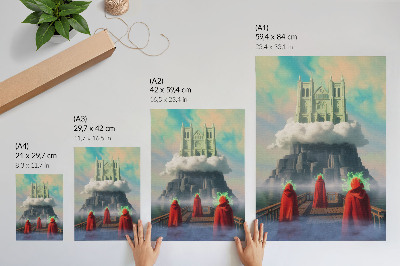 Affiche décorative Château dans les nuages, personnages en manteaux, surréalisme