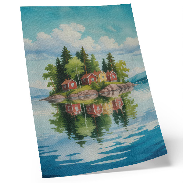 Affiche décorative Île pittoresque, maisons, arbres, eau calme