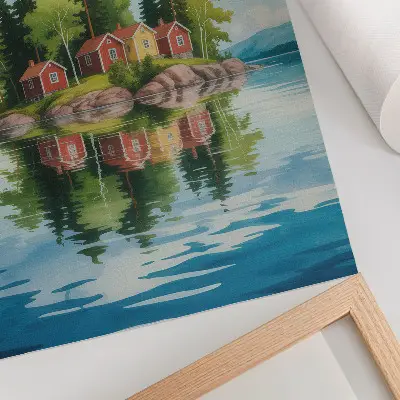 Affiche décorative représentant une île pittoresque avec des maisons, des arbres et une eau calme