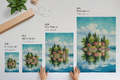 Affiche décorative Île pittoresque, maisons, arbres, eau calme